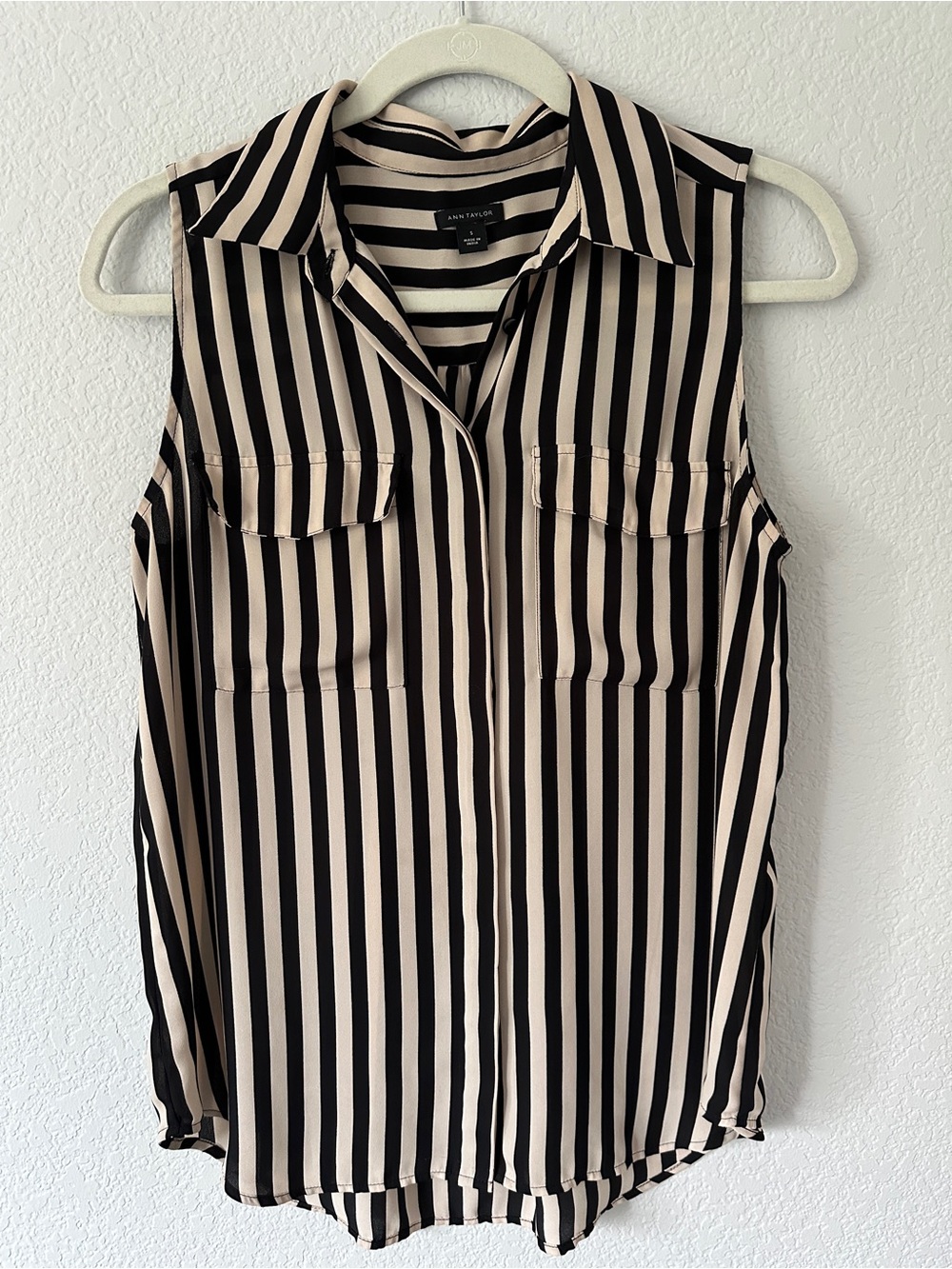 Ann Taylor Black and Beige Vertical Stripe Sleeveless Shirt